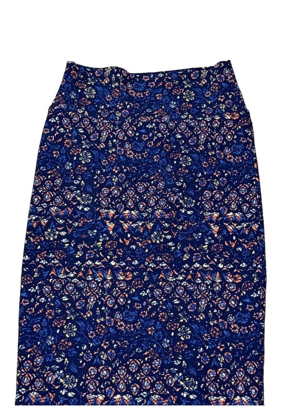 LuLaRoe Navy Blue Floral Lace-Effect Pencil Skirt with Pink and Cream Accents